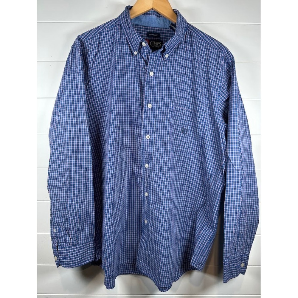 Chaps Mens‎ Easy Care Plaid Button Down Shirt Blue White Red Green Check XL Logo